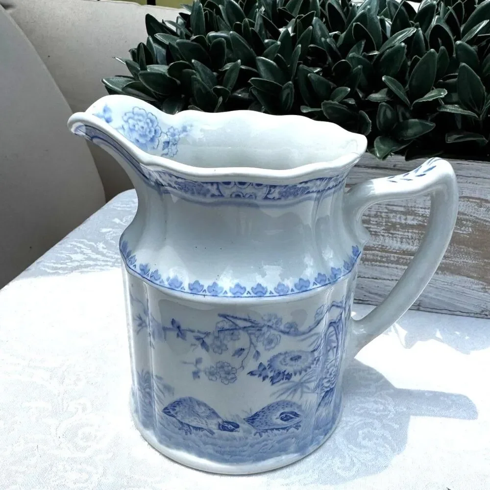 Gorgeous blue and white pitcher; Furnivals Quail 1913 England must see